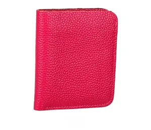 Front view of a rose red short wallet made of high-quality lychee grain leather