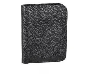 Close-up of black litchi grain leather wallet showing detailed texture and vertical fold