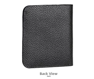 Detail of black lychee grain leather wallet back view with neat stitching