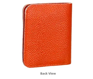Back view of orange litchi grain genuine leather wallet with fine stitched edges