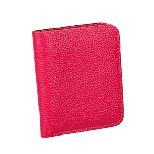 Magenta leather vertical card wallet with lychee pattern and multi-slot structure