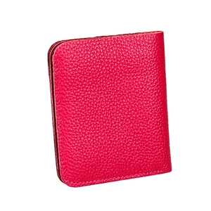 Short genuine leather bifold wallet in rose red with classic lychee pattern texture