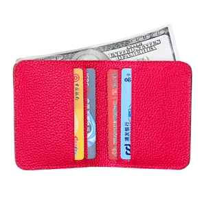 Short minimalist genuine leather wallet in red with lychee texture and multi card slots