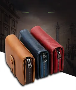 Retro RFID leather wallets in brown, navy and red with durable zip closures