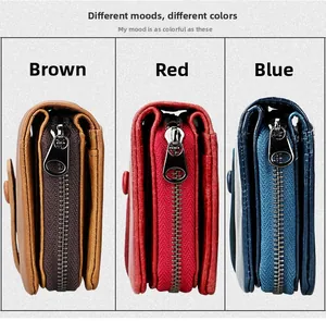 Detailed comparison of leather wallets in brown, red, and blue with L-shaped zippers