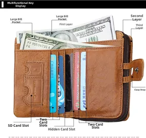 Detailed interior of a brown leather RFID wallet with multi-card slots and SD card holder