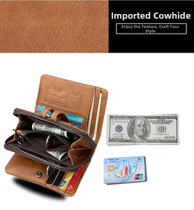 Detail view of brown crazy horse leather wallet with RFID blocking and multiple card slots