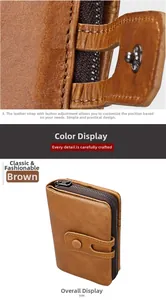 Detailed side view of a brown genuine cowhide leather wallet with metal zipper and strap