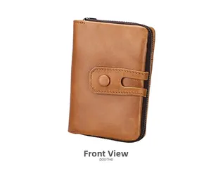 Front view of brown leather wallet with snap button strap and metal zipper detail