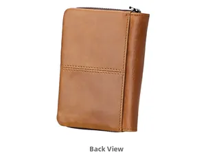 Rear view of brown crazy horse leather wallet with secure zipper and fine stitching