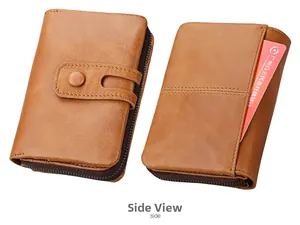 Detail of brown crazy horse leather wallet with side zipper and card slot features