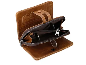 Detail of crazy horse leather wallet interior with zipper coin pocket and SD card slot
