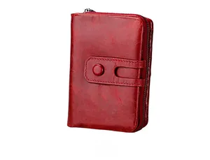 Front view of wine red genuine leather RFID wallet featuring wax texture and zip closure