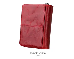 Detail view of the back of a vintage dark red RFID leather wallet with fine stitching