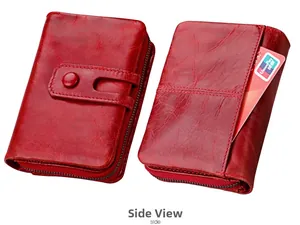 Detailed side view of red oil wax leather wallet featuring card slots and zipper pocket