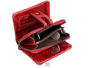 Detail showing the internal storage of the red RFID leather wallet with coin pocket