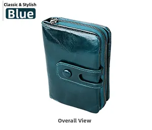 Detailed side view of tri-fold blue leather wallet with RFID metal zipper and snap closure
