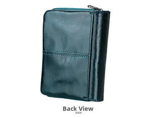 Detailed back view of a dark teal oil wax leather wallet featuring a handy card slot