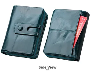 Macro view of teal leather wallet showing back card slot and secure snap button closure