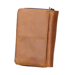 Vintage brown leather RFID wallet for men with secure metal zipper and stitching