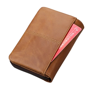Brown crazy horse leather RFID wallet with zipper closure and external card slot