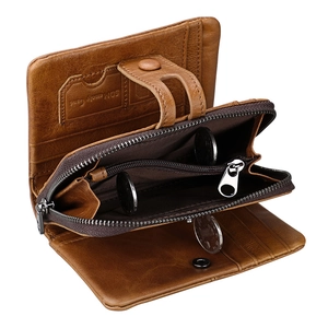 Brown crazy horse leather wallet with multi-card slots and double zipper coin pocket