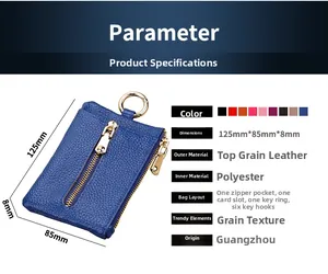 Blue litchi grain genuine leather key pouch showing detailed internal hooks and dimensions