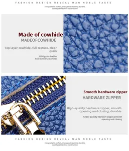 Detailed view of blue lychee grain leather texture and premium gold metal zipper on wallet