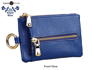 Front view of royal blue leather key pouch with lychee texture and golden zipper