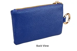 Detailed back view of dark blue litchi leather key pouch with golden zip and ring