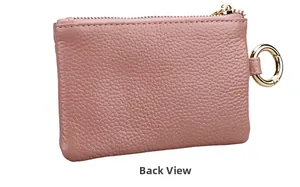 Rear view of a pink pebbled leather key pouch featuring a golden metal ring and zipper