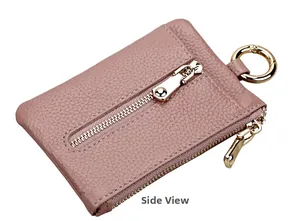 Side view of litchi grain leather coin purse with double zippers and gold keyring