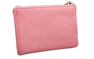 Back view of pink pebbled leather key pouch with golden metal zipper and spring snap hook
