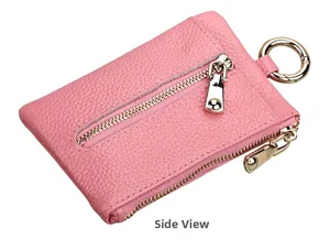 Side view of pink lychee leather coin purse with double zipper and golden metal hook