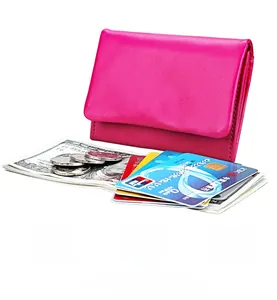 Hot pink leather RFID wallet detail showing multiple card slots and cash compartment