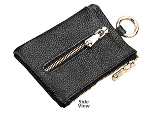 Detailed side view of black pebble grain leather coin purse with three gold zippers
