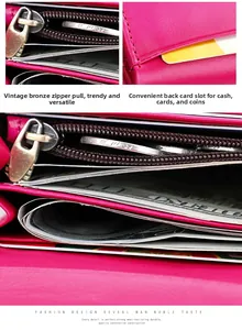 Detail of rose red leather wallet with RFID blocking, multi-card slots and coin pocket