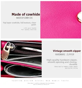 Detail of rose red lychee grain leather wallet showing high-quality metal zipper and slots