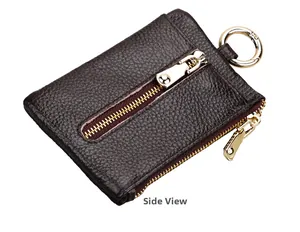 Side view of dark brown pebbled leather key pouch with two gold zippers and metal ring