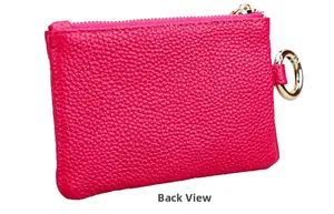 Back view of pebbled leather coin purse in rose red with gold zipper and metal ring