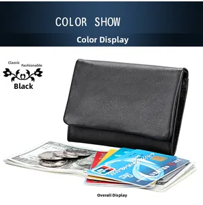Black pebble leather wallet with RFID blocking, showing capacity for cards and coins