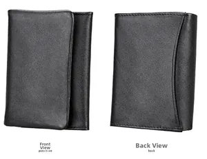 Front and back view of a black genuine leather RFID wallet featuring a rear card slot