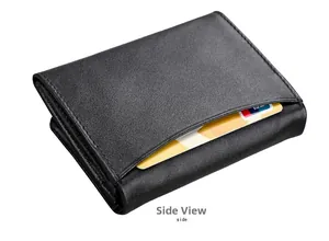 Side view of black genuine leather RFID wallet showing card insertion in the side slot
