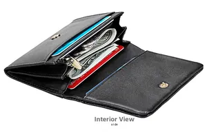 Interior view of black leather RFID wallet showing card slots and zipper pocket