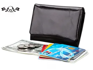 Detail view of the brown leather wallet interior showing multiple card slots and RFID lining