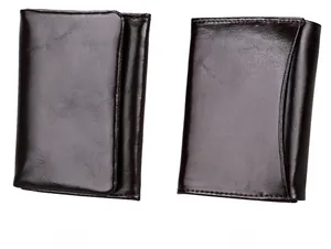Front and back views of dark brown genuine leather RFID wallet with fine stitching