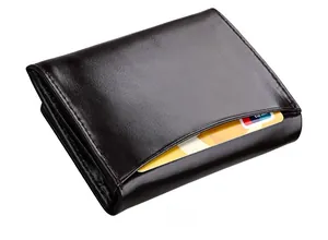 Detail view of a dark brown leather wallet with an external RFID card slot for storage