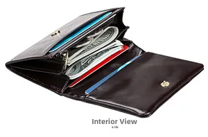 Detailed interior of a genuine leather RFID wallet showing multiple card slots and zipper pocket