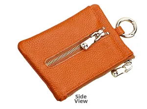 Side view of orange pebble grain leather wallet with dual gold zippers and spring hook