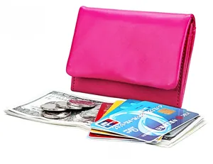 Detail view of the rose red RFID leather wallet showing thick tri-fold structure and stitching
